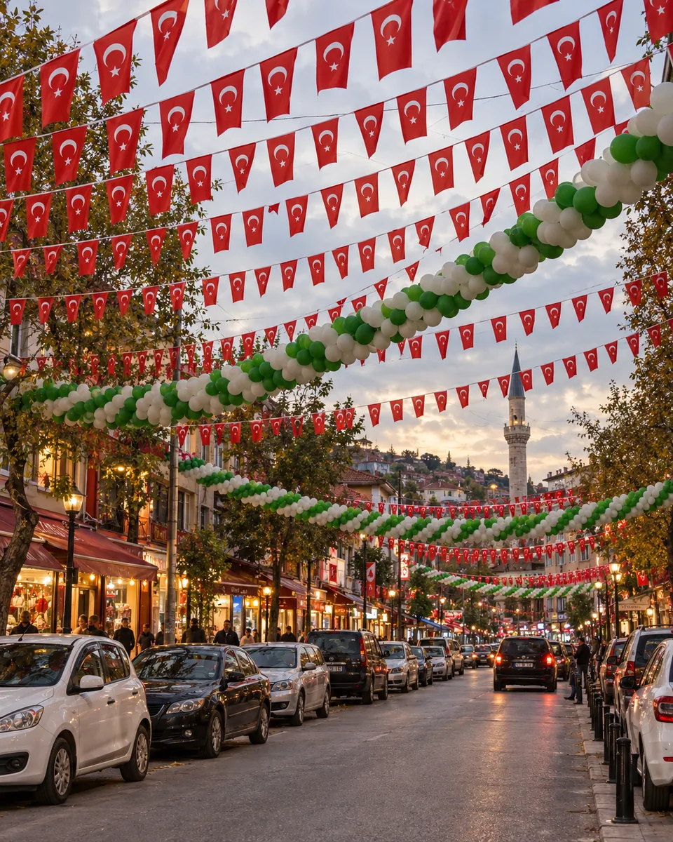 Cadde boyunca asılmış Türk bayrağı flama süslemesi — Esin Balon