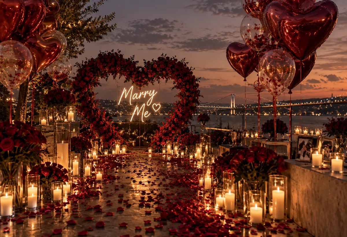 Boğaz manzarasında Marry Me yazılı kırmızı kalp balon kemeri ve mum yolu — Esin Balon İstanbul