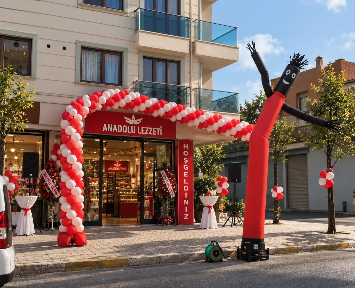 Restoran açılışında kırmızı-beyaz balon kemeri ve dans eden fly balon — Esin Balon