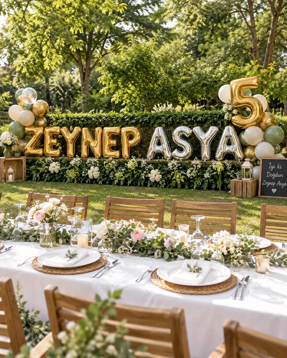 Bahçe kutlamasında isimli folyo harf balonlar ve altın rakam balon — Esin Balon