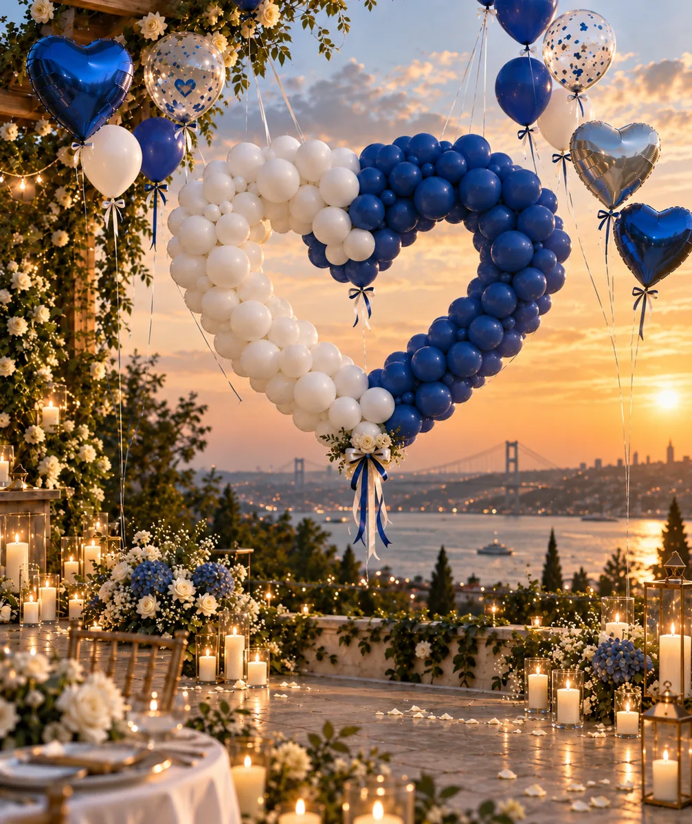 Boğaz manzarasında mavi-beyaz kalp balon kemeri ve uçan kalp folyo balonlar — Esin Balon