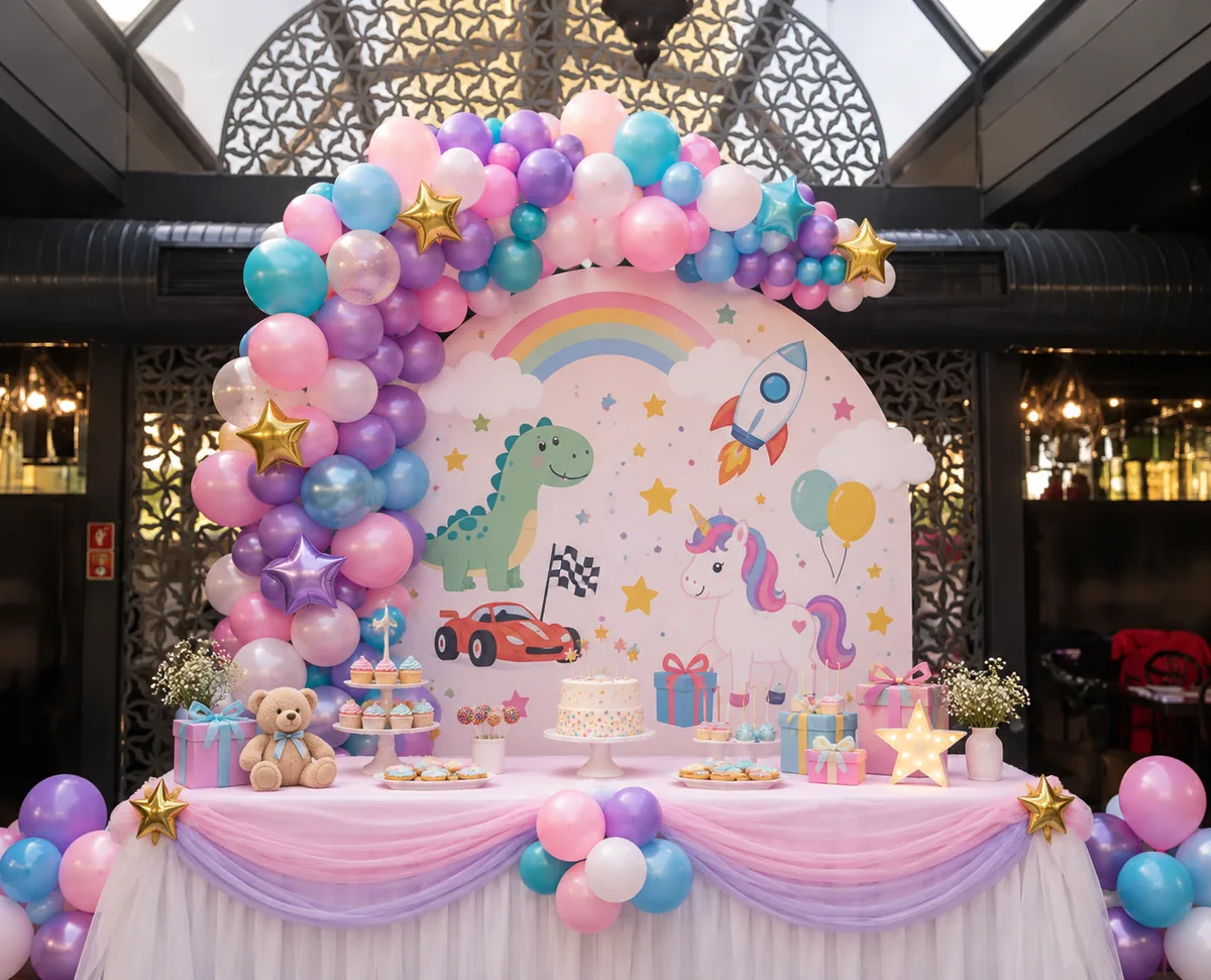 Çocuk partisi için pastel balon kemeri, temalı arka fon ve parti masası — Esin Balon
