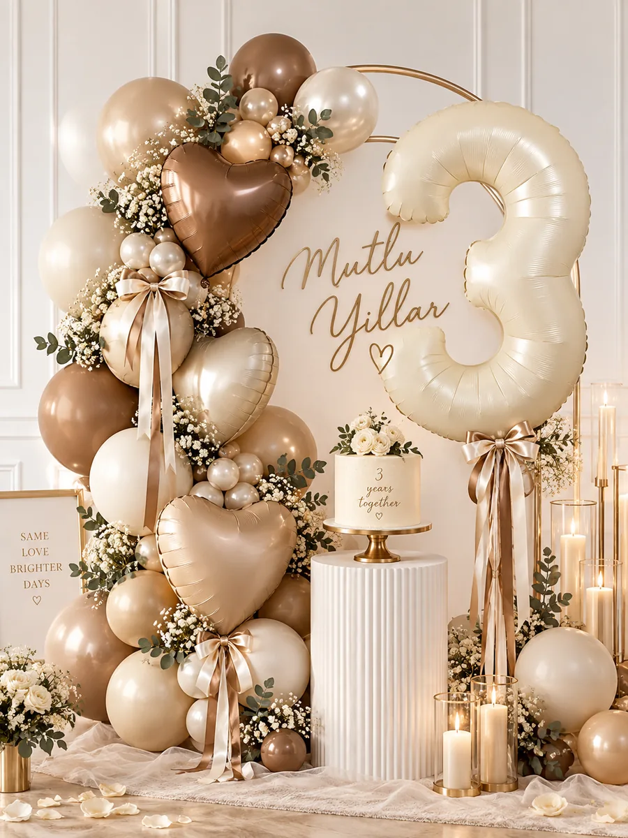 Mutlu Yıllar yazılı yıldönümü arka fonu, nude-gold balon kemeri, kalp folyo balonlar ve pasta — Esin Balon İstanbul