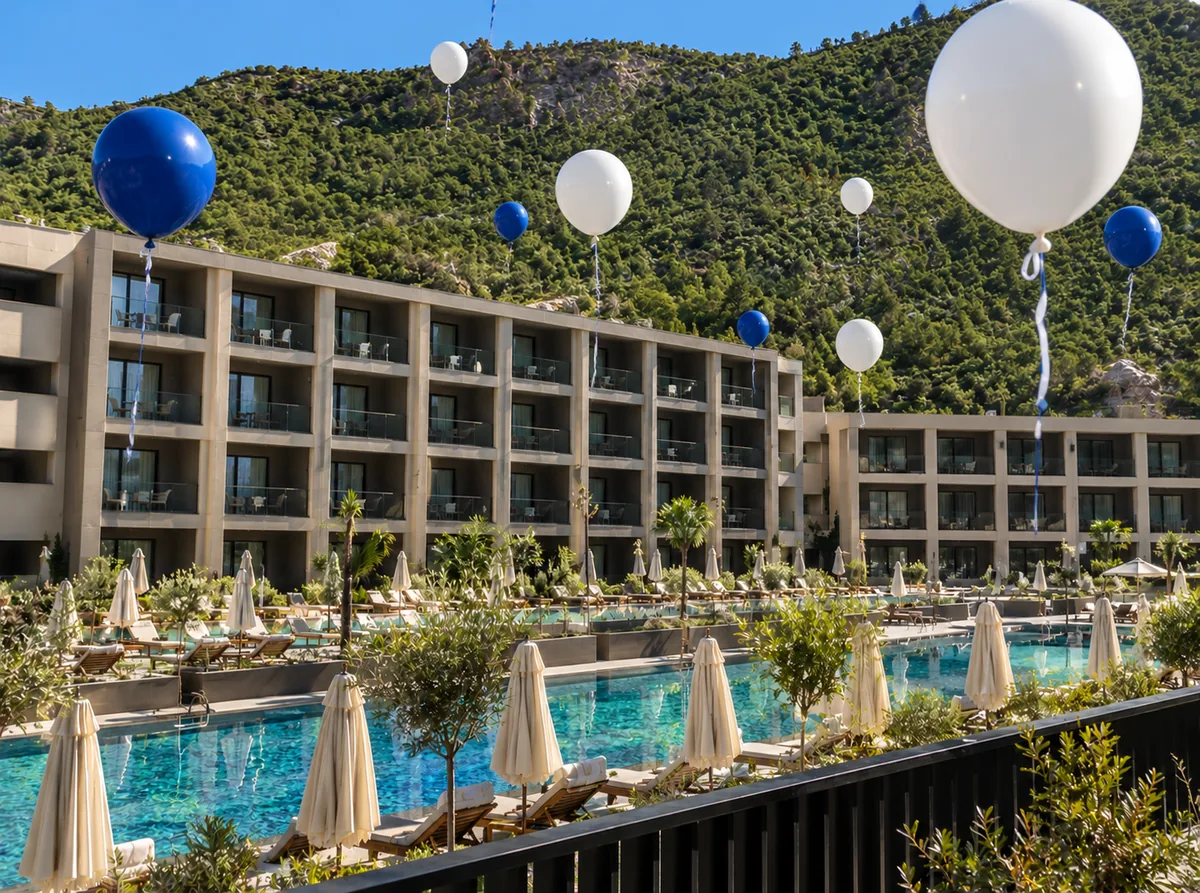 Otel havuzu üzerinde yükselen dev mavi-beyaz zeplin balonlar — Esin Balon