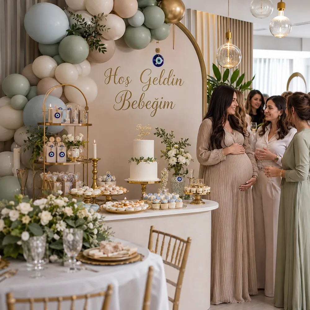 Hoş Geldin Bebeğim yazılı backdrop, adaçayı yeşili balon zinciri ve tatlı masasıyla baby shower süslemesi — Esin Balon