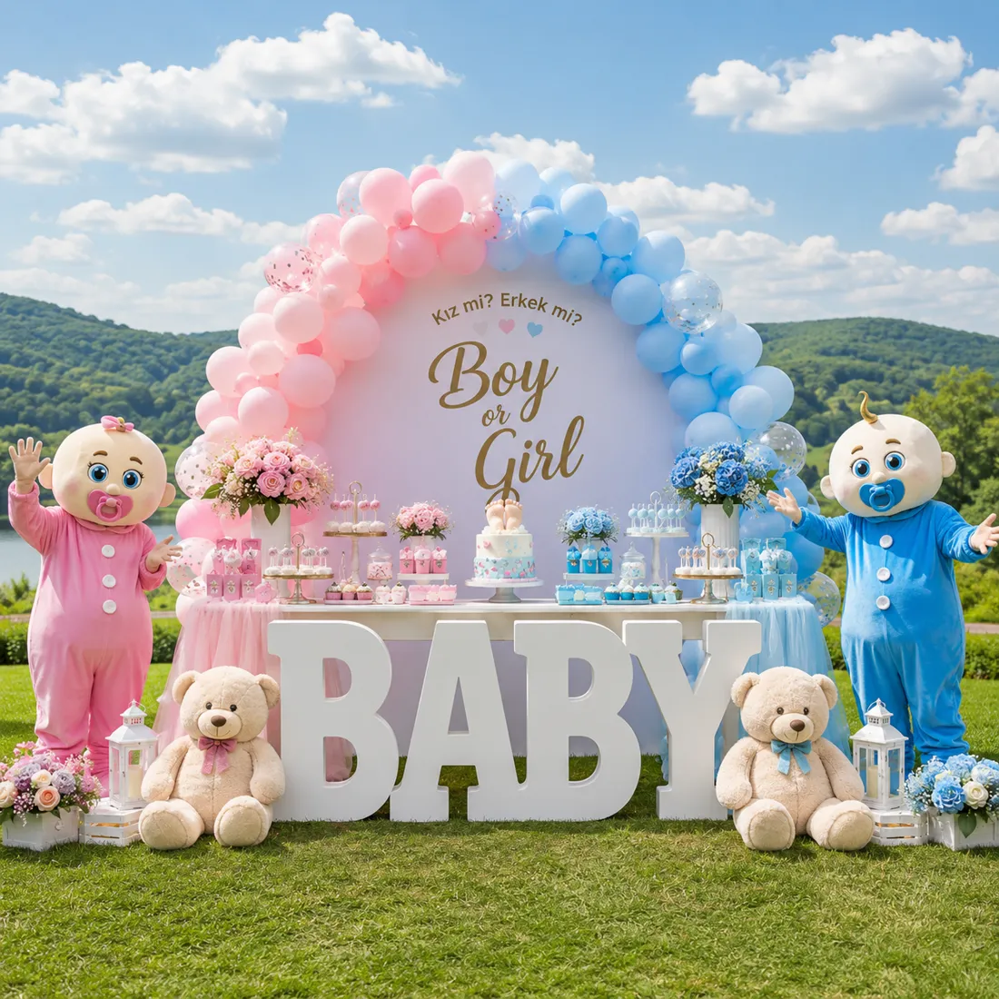 Açık havada çimenlikte pembe-mavi balon kemeri, dev beyaz BABY harfleri, oyuncak ayılar, pembe ve mavi bebek maskotları ve tatlı masası — bebek cinsiyet partisi dış mekan balon süslemesi, Esin Balon İstanbul