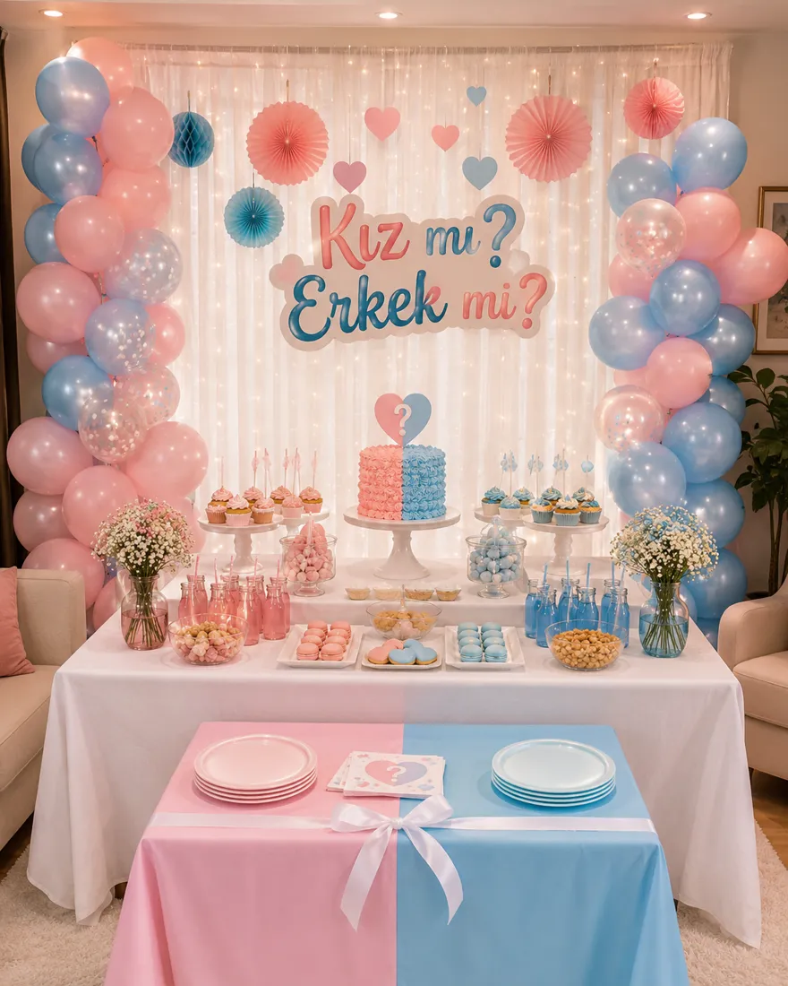 Kız mı Erkek mi yazılı backdrop, pembe-mavi balon sütunları ve ikiye bölünmüş pastayla cinsiyet partisi balon süslemesi — Esin Balon İstanbul