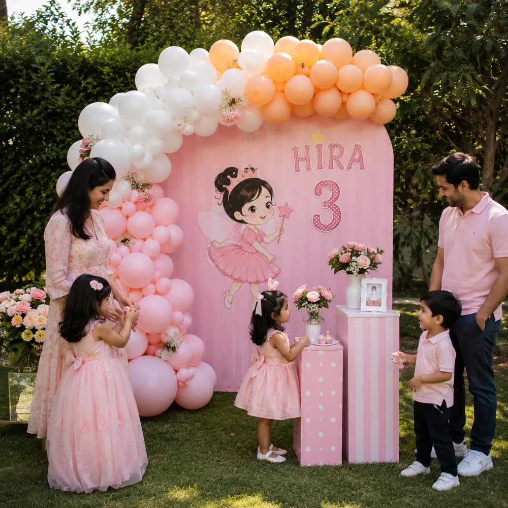 Pembe balon zinciri ve isimli backdrop ile çocuk doğum günü süslemesi — Esin Balon