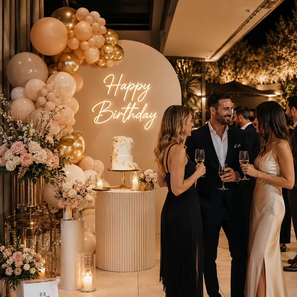 Gold balonlar ve Happy Birthday neon yazılı yetişkin doğum günü süslemesi — Esin Balon